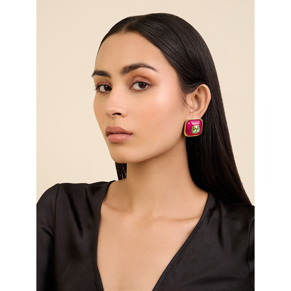 Isharya Pink & Green Classic in 18Kt Gold Plated Earrings