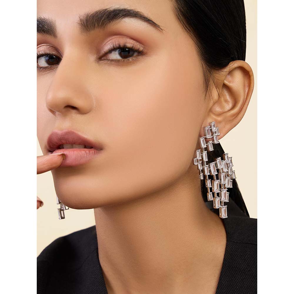 Isharya Abstract Chandelier Statement Earrings In Rhodium Plating