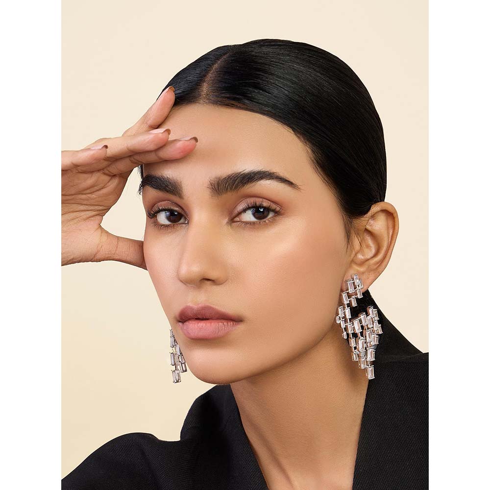 Isharya Abstract Chandelier Statement Earrings In Rhodium Plating