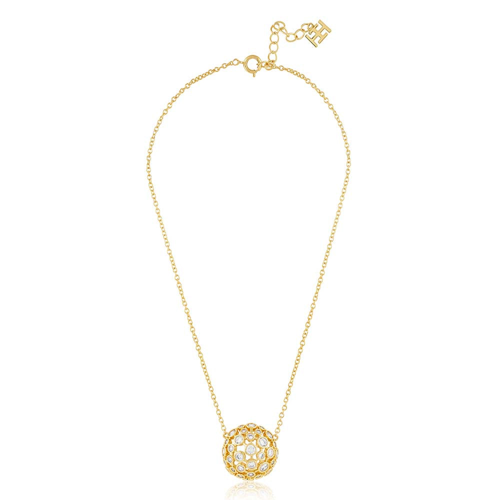 Isharya 18KT Gold Plated White Crystal Ball Pendant Necklace