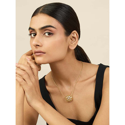 Isharya 18KT Gold Plated White Crystal Ball Pendant Necklace
