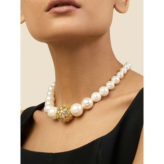 Isharya White Crystal Ball Pearl Necklace 18KT Gold Plated