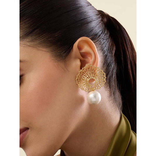 Isharya Gypsy Soul Leaf and Pearl Drop Earrings 18Kt Gold Plated