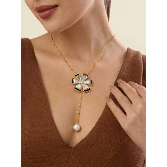 Isharya Ayaana Long Flower and Pearl Necklace 18Kt Gold Plated