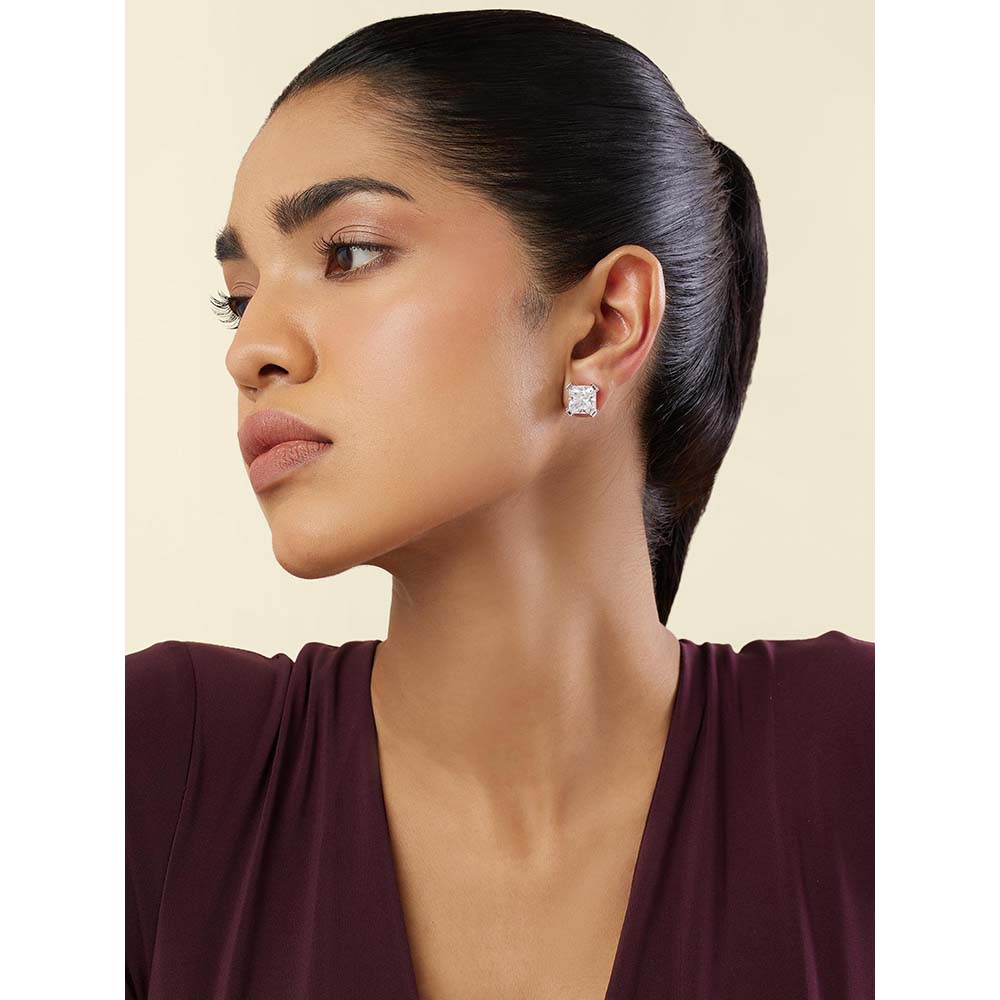 Isharya Elysian Radiance Square Studs In Rhodium Plating - White
