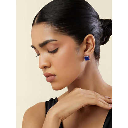Isharya Sapphire Majesty Square Studs In Rhodium Plating - Blue
