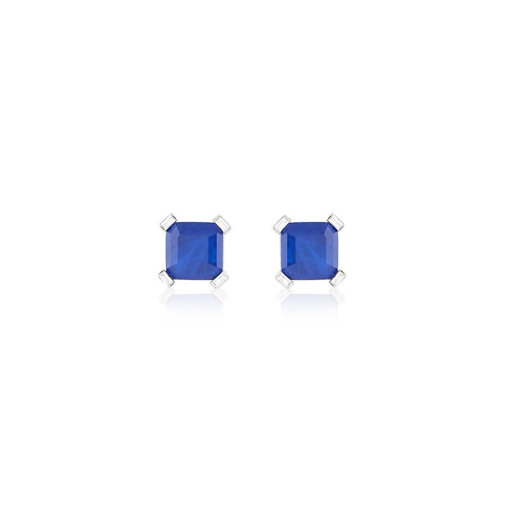 Isharya Sapphire Majesty Square Studs In Rhodium Plating - Blue