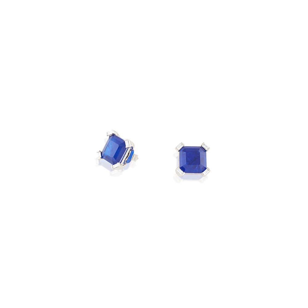 Isharya Sapphire Majesty Square Studs In Rhodium Plating - Blue
