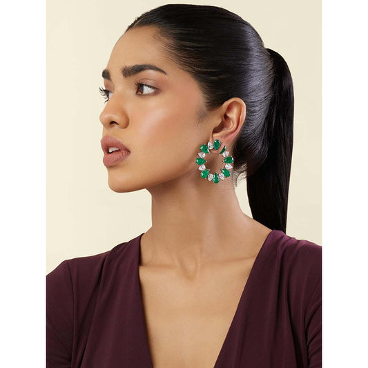 Isharya Emerald Glow Circle Hoops In Rhodium Plating - Green