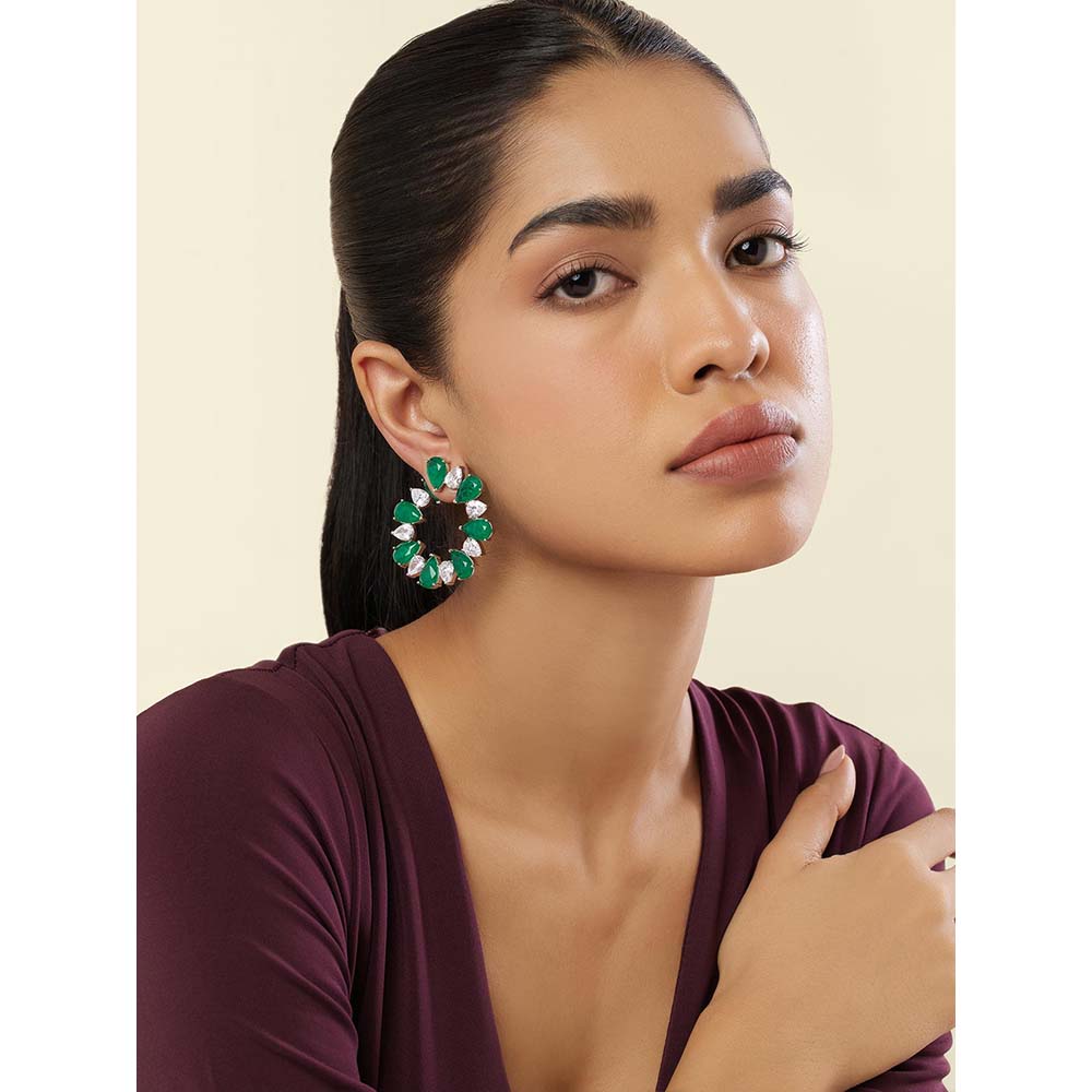 Isharya Emerald Glow Circle Hoops In Rhodium Plating - Green
