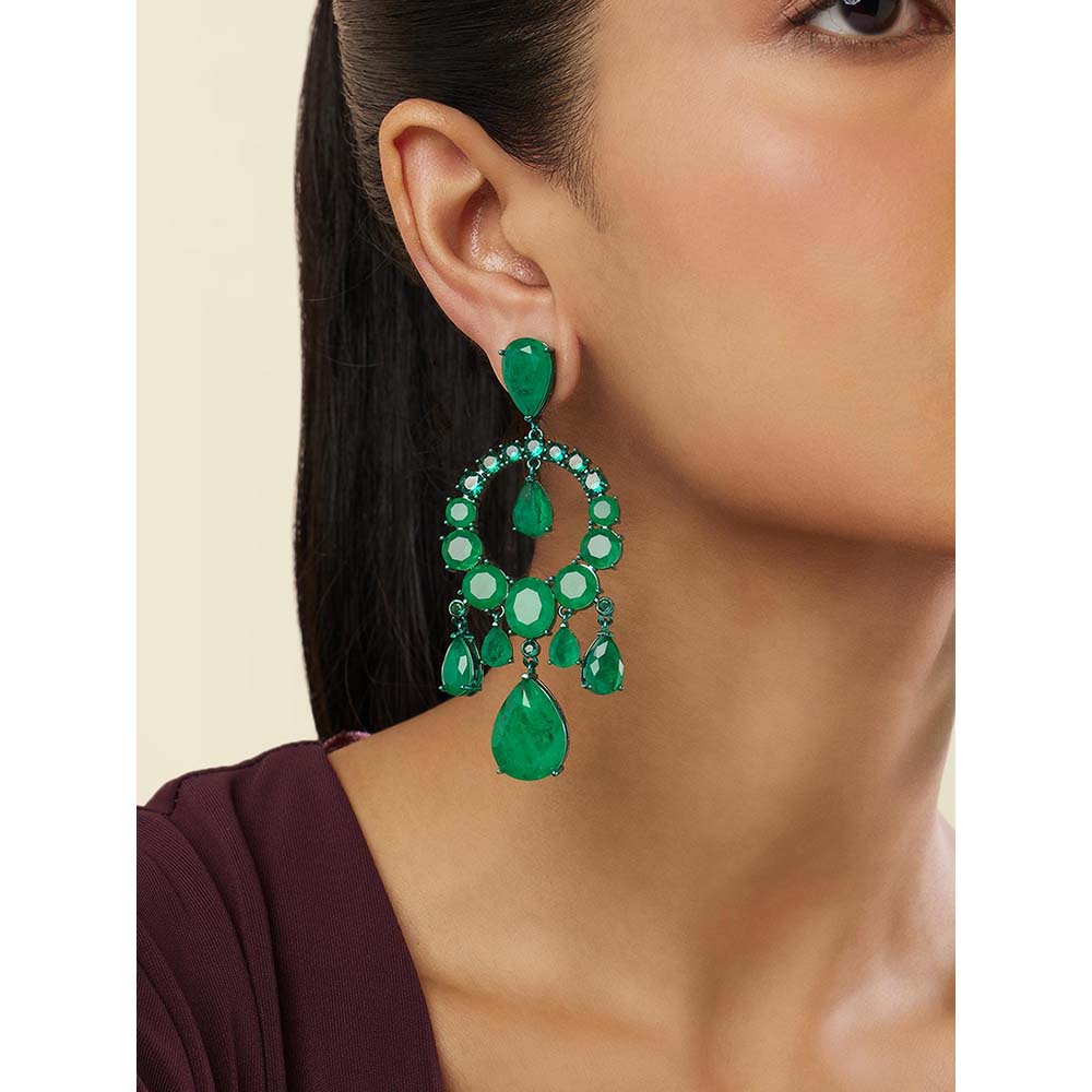 Isharya Emerald Elegance Moon Baalis In Rhodium Plating - Green