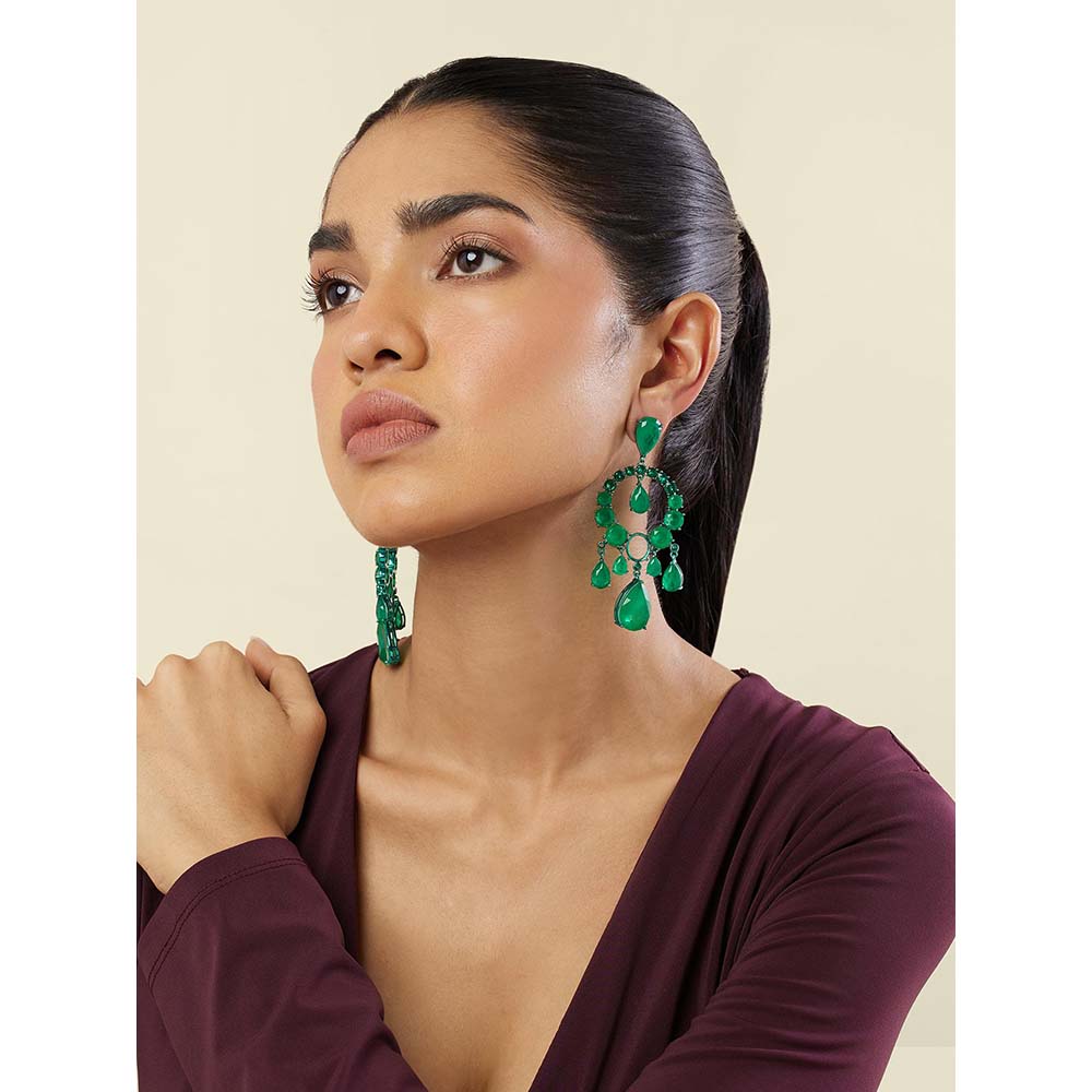 Isharya Emerald Elegance Moon Baalis In Rhodium Plating - Green