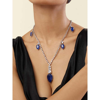 Isharya Sapphire Radiance Long Necklace In Rhodium Plating - Blue