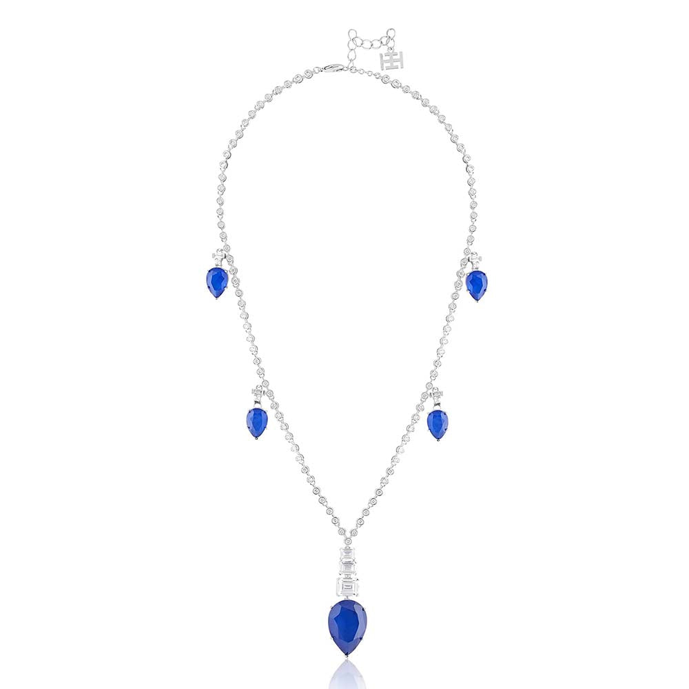 Isharya Sapphire Radiance Long Necklace In Rhodium Plating - Blue