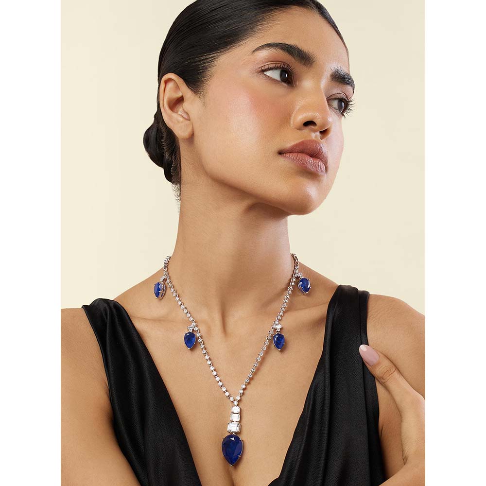 Isharya Sapphire Radiance Long Necklace In Rhodium Plating - Blue