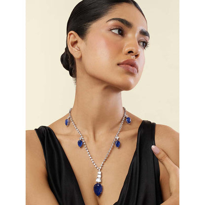 Isharya Sapphire Radiance Long Necklace In Rhodium Plating - Blue