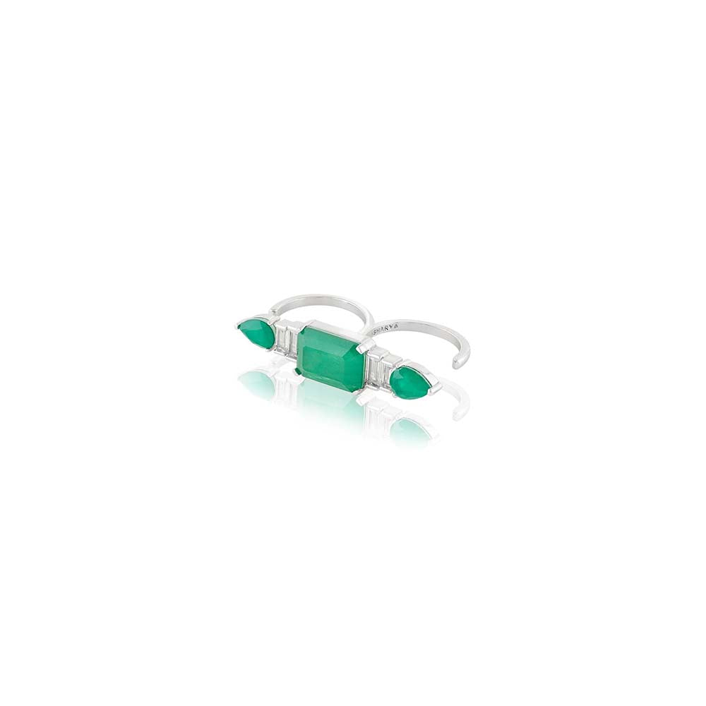 Isharya Emerald Embrace Two-Finger Ring In Rhodium Plating - Green