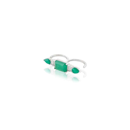 Isharya Emerald Embrace Two-Finger Ring In Rhodium Plating - Green