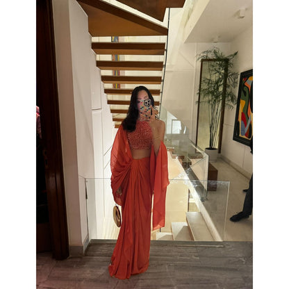 ITRH Naranjas Beaded Predraped Saree with Stitched Blouse