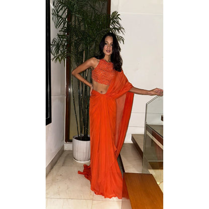 ITRH Naranjas Beaded Predraped Saree with Stitched Blouse