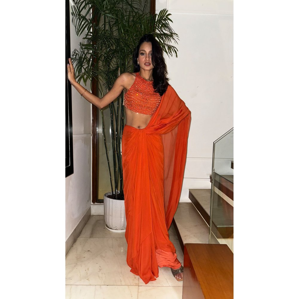 ITRH Naranjas Beaded Predraped Saree with Stitched Blouse