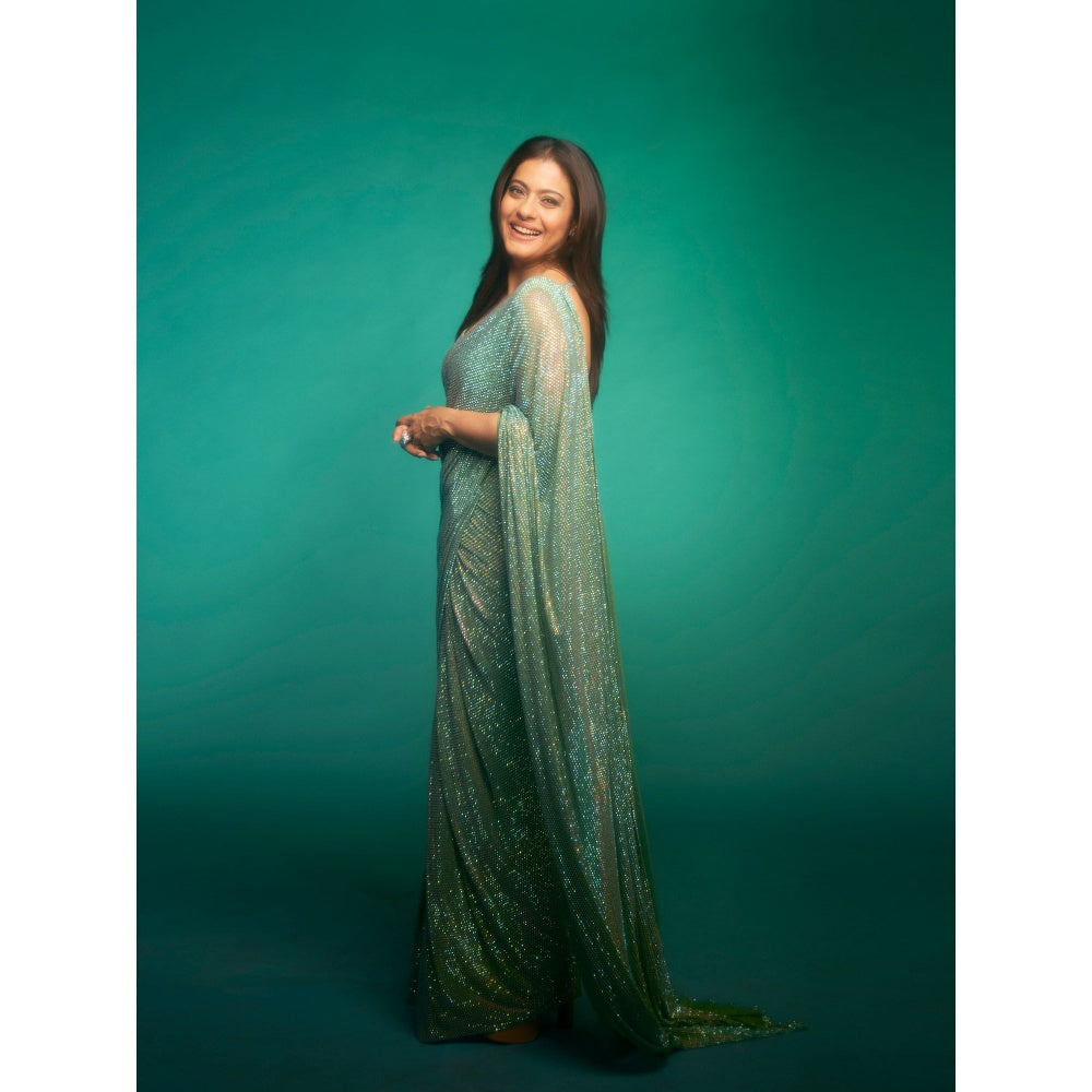 ITRH Gleaming Mint Jewel Saree with Stitched Blouse