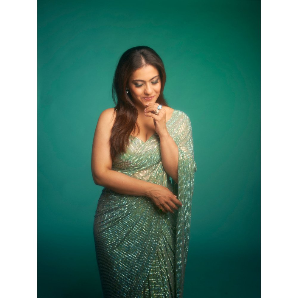 ITRH Gleaming Mint Jewel Saree with Stitched Blouse