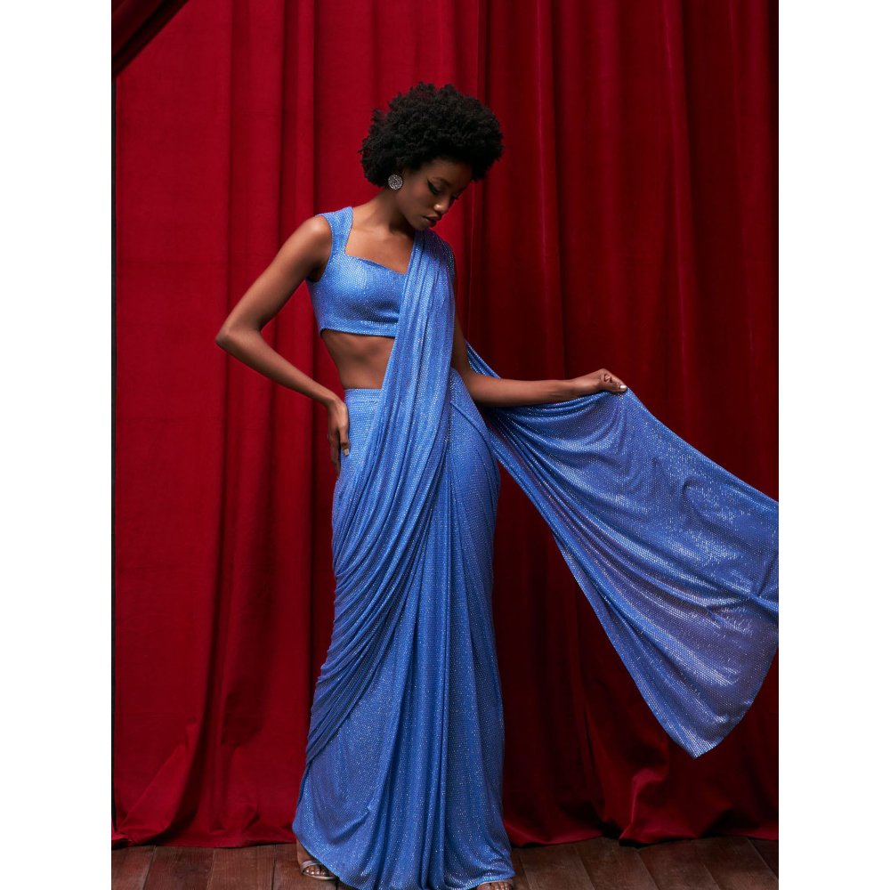 ITRH Blue Crystal Embellished Pre-Draped Saree with Fancy Style Stitched Blouse