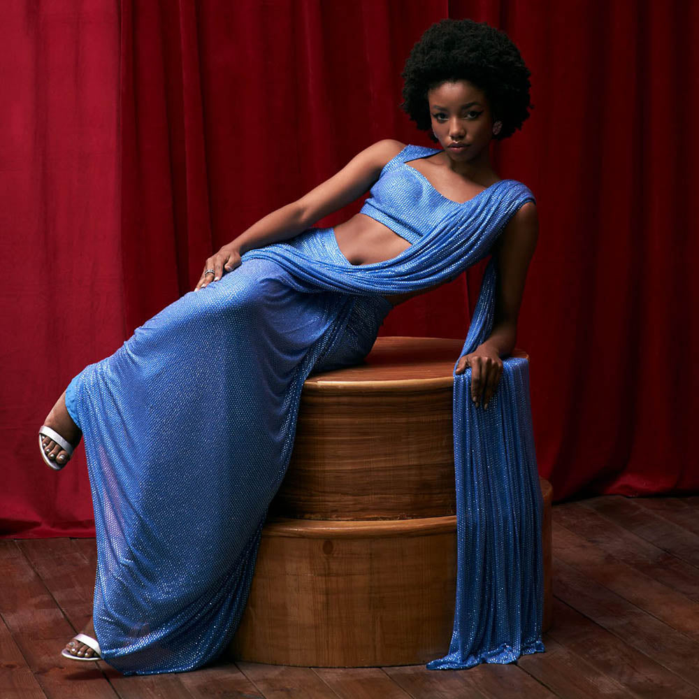 ITRH Blue Crystal Embellished Pre-Draped Saree with Fancy Style Stitched Blouse