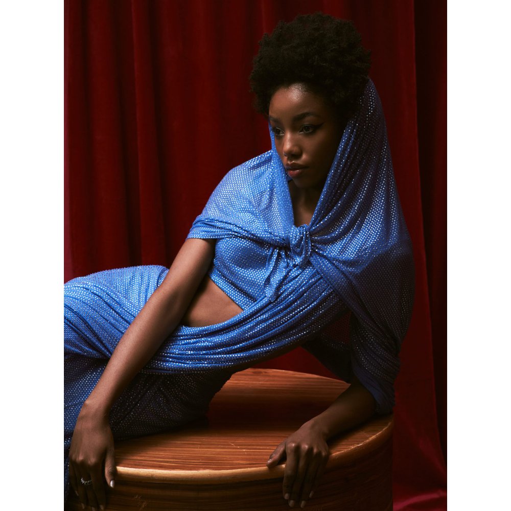 ITRH Blue Crystal Embellished Pre-Draped Saree with Fancy Style Stitched Blouse