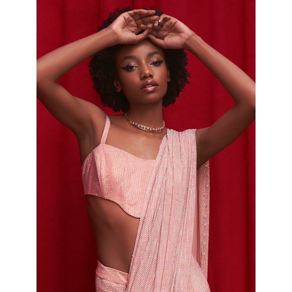 ITRH Peach Crystal Embellished Pre-Draped Saree with Stitched Blouse
