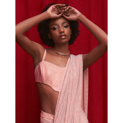 ITRH Peach Crystal Embellished Pre-Draped Saree with Stitched Blouse