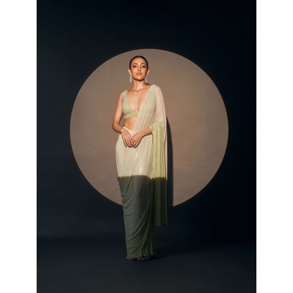 ITRH Mint Green Ombre Crystal Embellished Pre-Draped Saree with Stitched Blouse