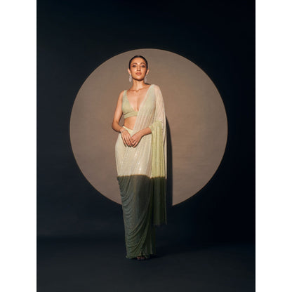 ITRH Mint Green Ombre Crystal Embellished Pre-Draped Saree with Stitched Blouse