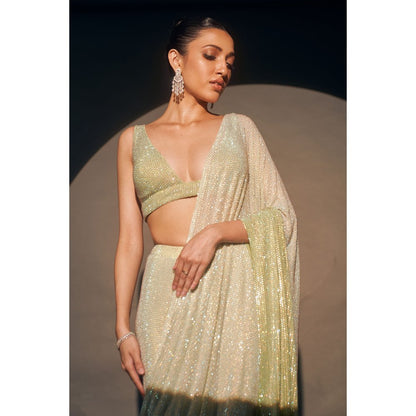 ITRH Mint Green Ombre Crystal Embellished Pre-Draped Saree with Stitched Blouse