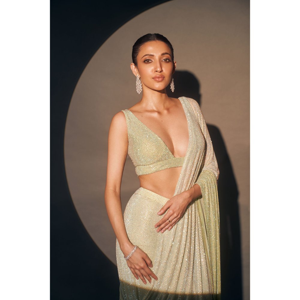 ITRH Mint Green Ombre Crystal Embellished Pre-Draped Saree with Stitched Blouse