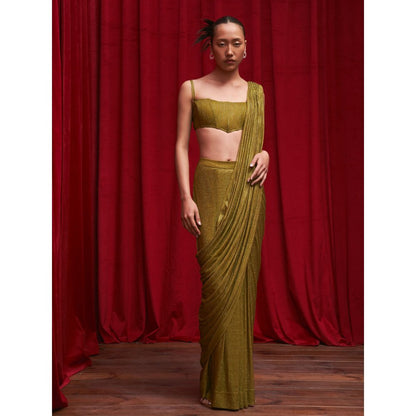 ITRH Olive Crystal Embellished Pre-Draped Saree with Stitched Blouse