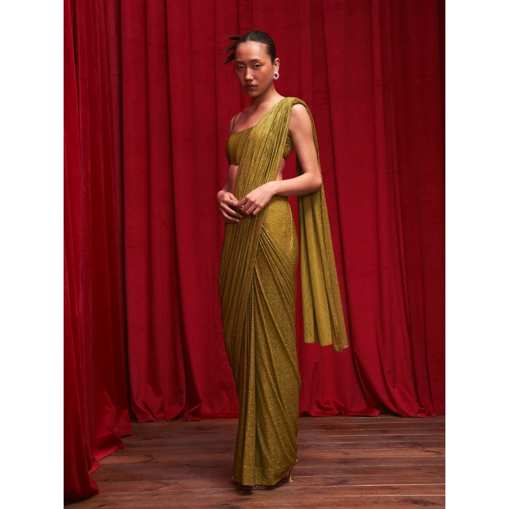 ITRH Olive Crystal Embellished Pre-Draped Saree with Stitched Blouse