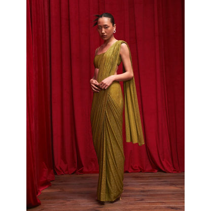ITRH Olive Crystal Embellished Pre-Draped Saree with Stitched Blouse
