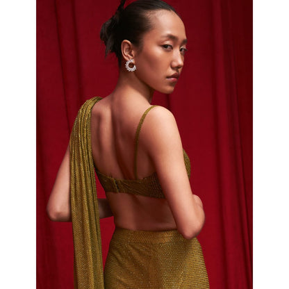 ITRH Olive Crystal Embellished Pre-Draped Saree with Stitched Blouse