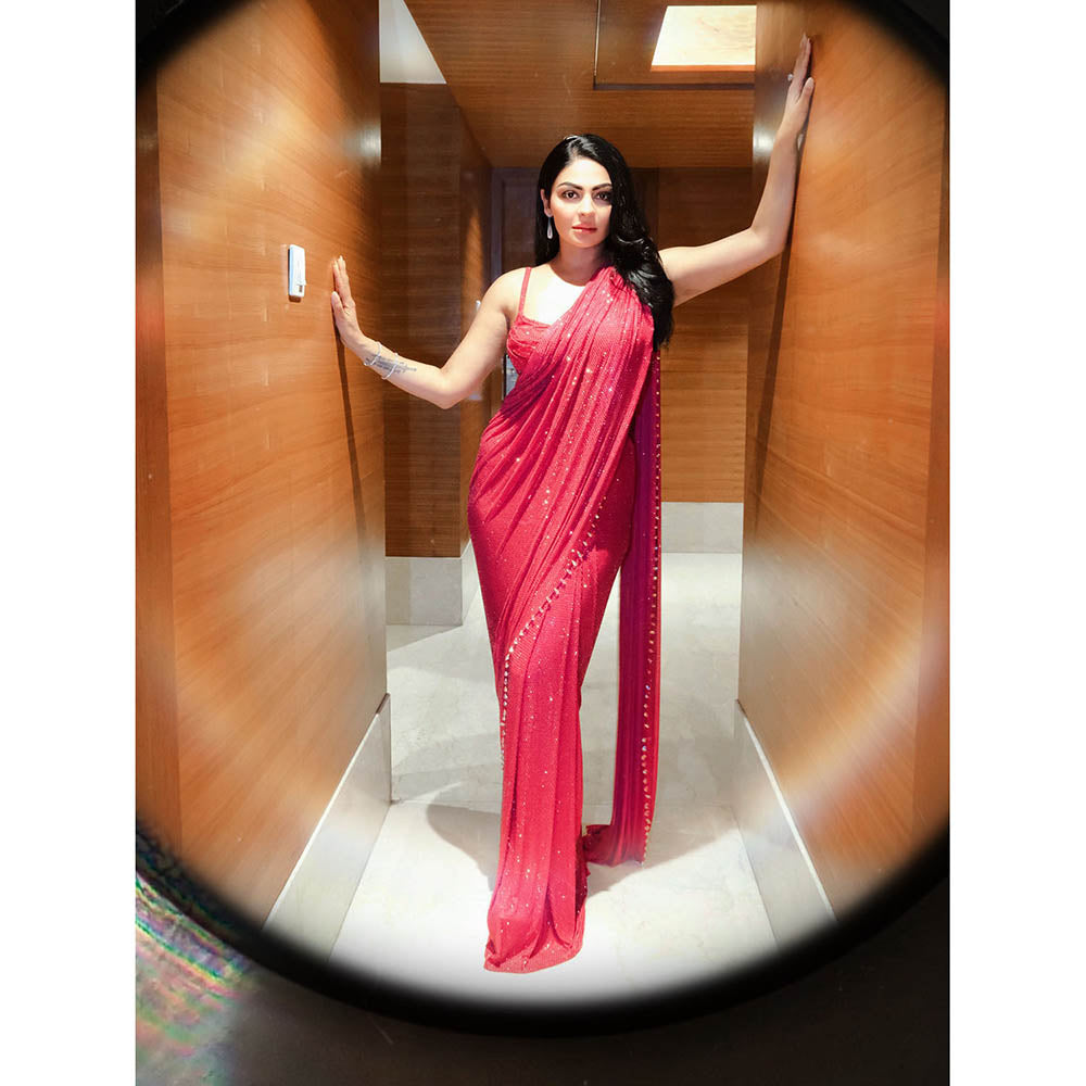 ITRH Magenta Crystal Embellished Pre-Draped Saree with Stitched Blouse