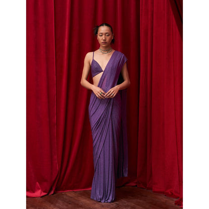 ITRH Purple Crystal Embellished Pre-Draped Saree with Stitched Bikini Blouse