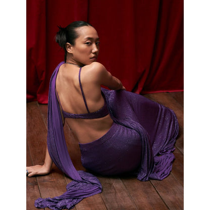 ITRH Purple Crystal Embellished Pre-Draped Saree with Stitched Bikini Blouse