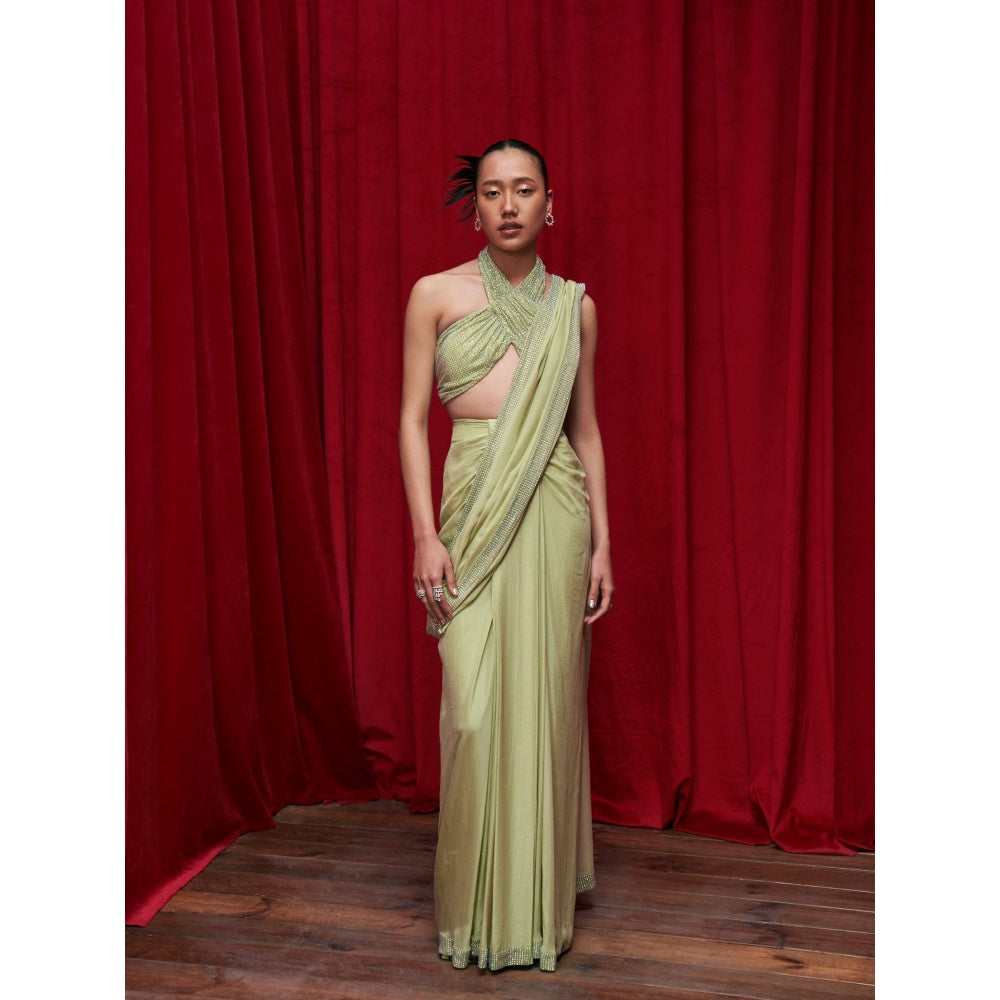 ITRH Green Chiffon Draped Skirt with Detachable Drape with Halter Neck Blouse (Set of 3)