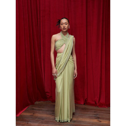 ITRH Green Chiffon Draped Skirt with Detachable Drape with Halter Neck Blouse (Set of 3)