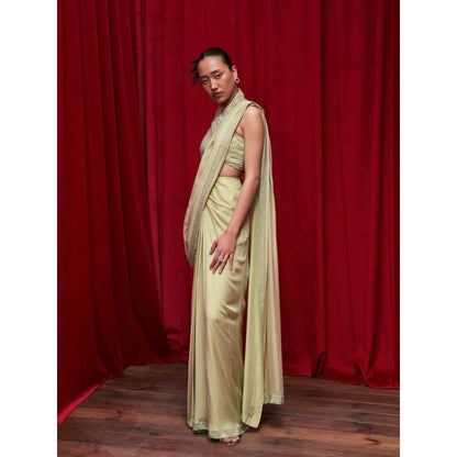 ITRH Green Chiffon Draped Skirt with Detachable Drape with Halter Neck Blouse (Set of 3)