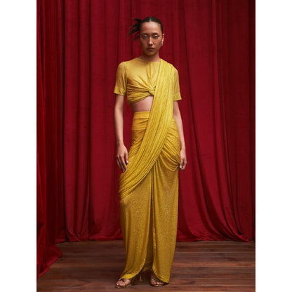 ITRH Yellow Crystal Embellished Blouse with Ruched Skirt and Detachable Drape (Set of 3)