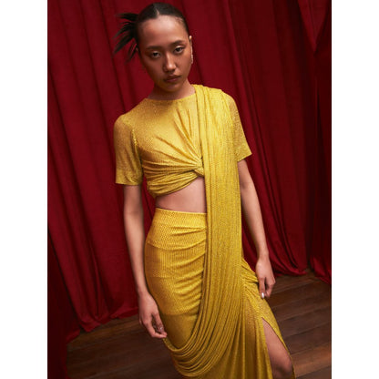 ITRH Yellow Crystal Embellished Blouse with Ruched Skirt and Detachable Drape (Set of 3)