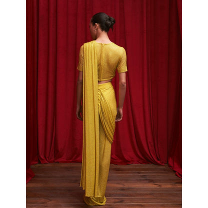 ITRH Yellow Crystal Embellished Blouse with Ruched Skirt and Detachable Drape (Set of 3)