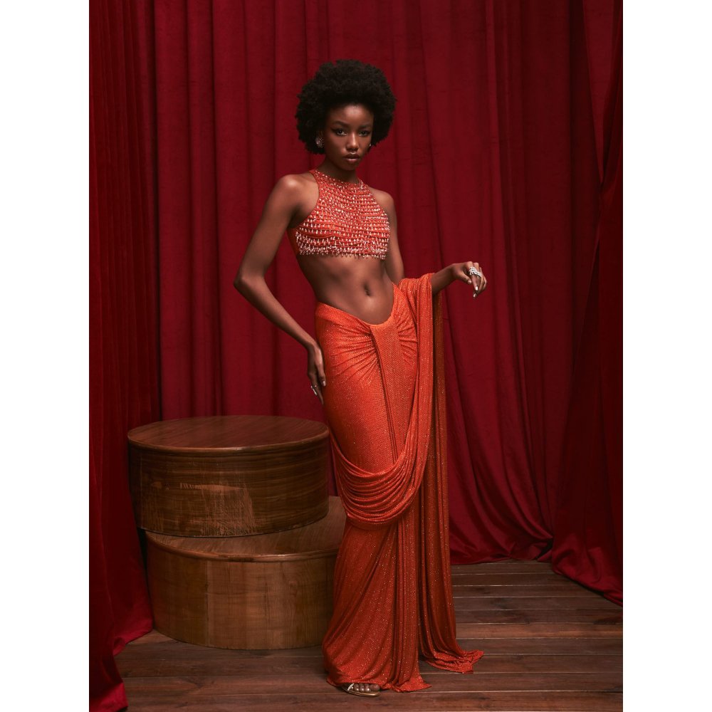 ITRH Orange Draped Skirt with Detachable Drape with High Neck Crop Top (Set of 3)